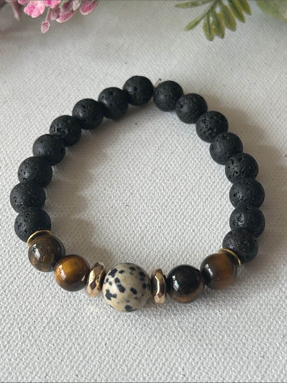 Black Lava Bead Bracelet with Dalmatian Jasper and Tiger Eye Accents